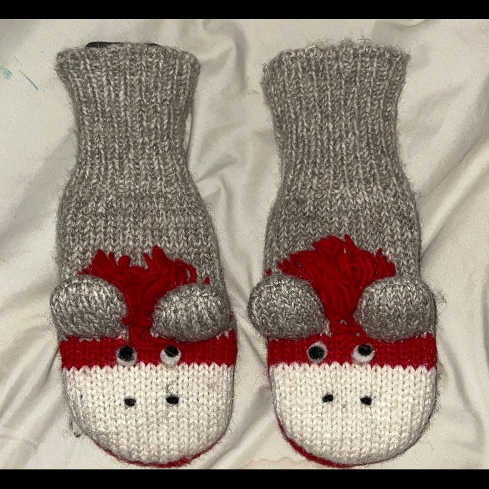 Adult Sock monkey mittens fleeced lined. Wool with fleece lining.
